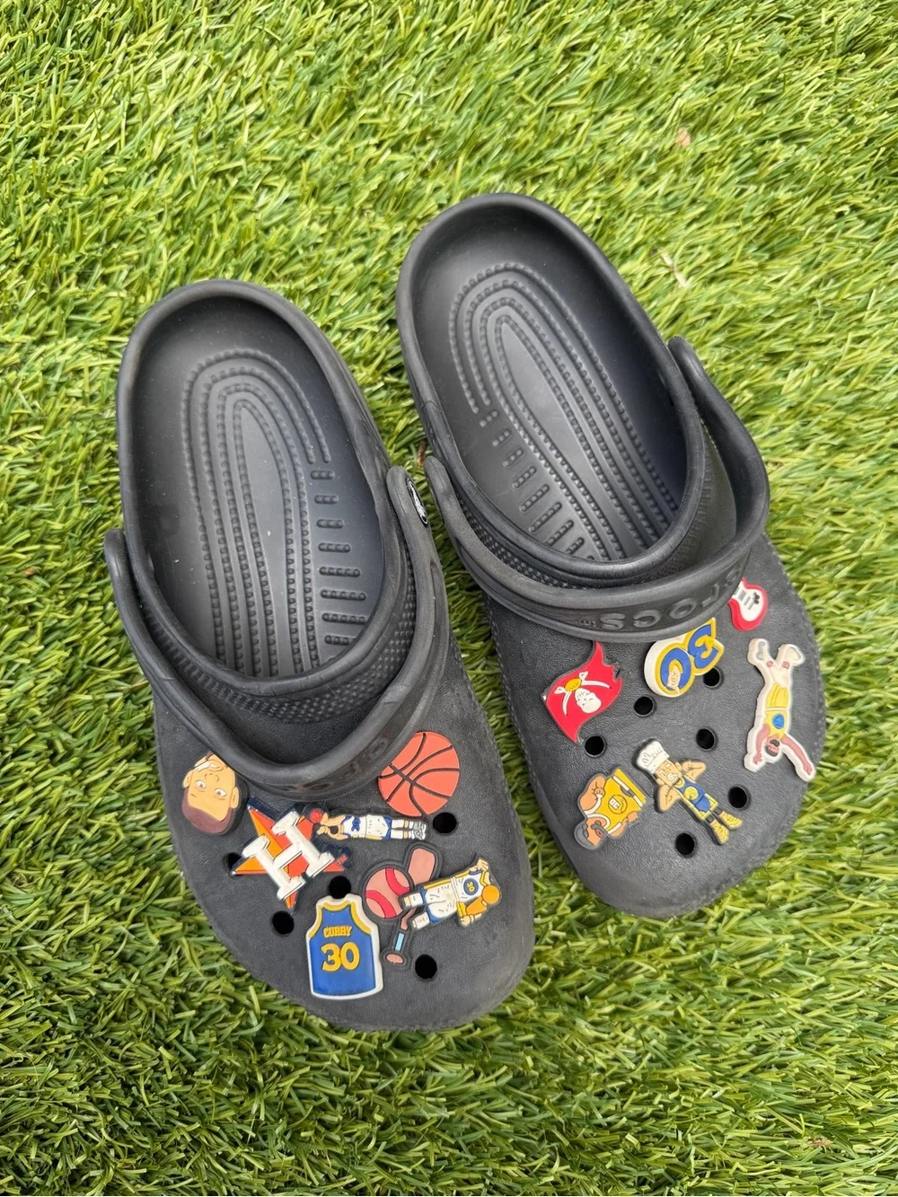 CROCS Kids Black Clog Sandals with Sports Charms